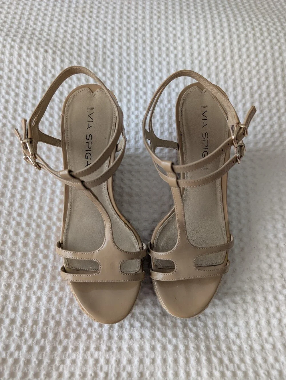 Via Spiga Nude Patent Espadrille Wedge Sandals